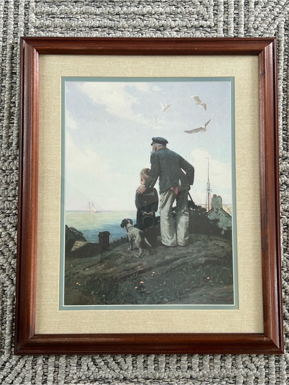 Norman Rockwell Painting Print 1927 “Looking Out  To Sea" Fisherman Dog And Boy